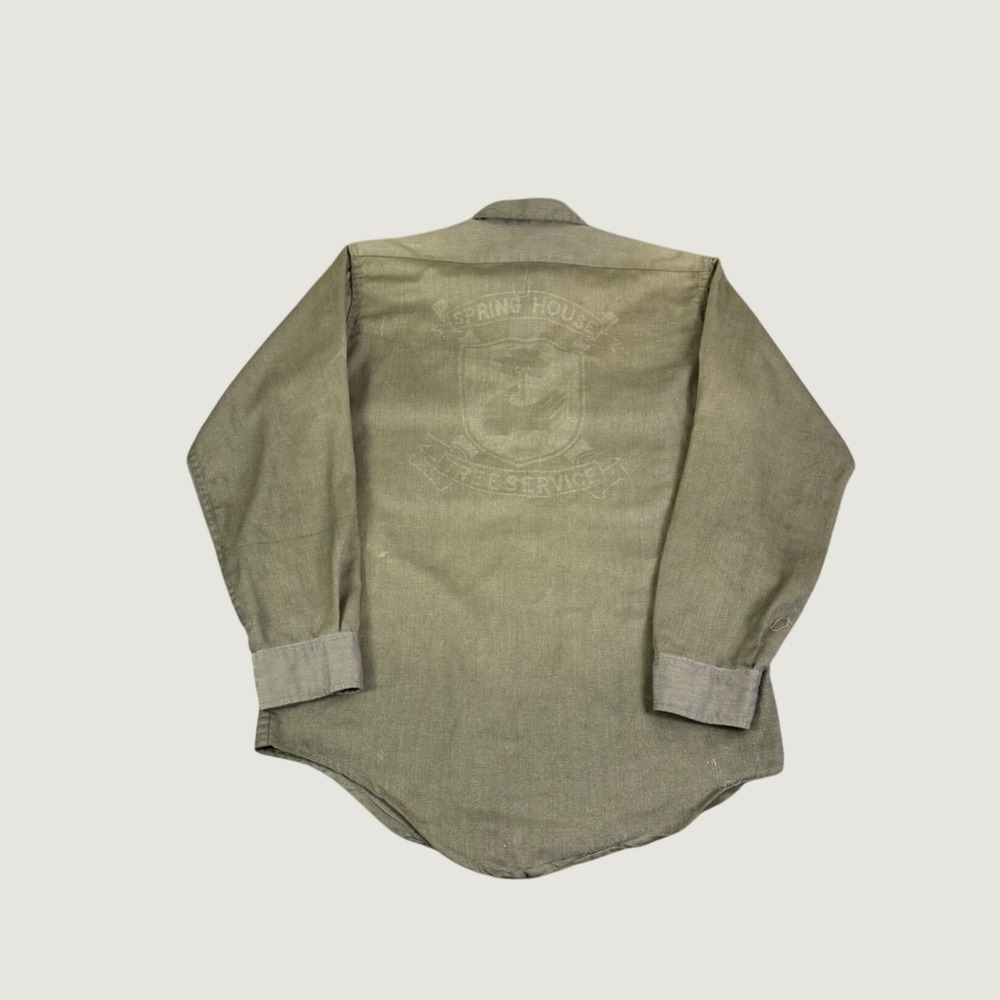 Vintage Permanent Press Work Shirt Olive Green Rick Tree Service Distressed L - Picture 2 of 8